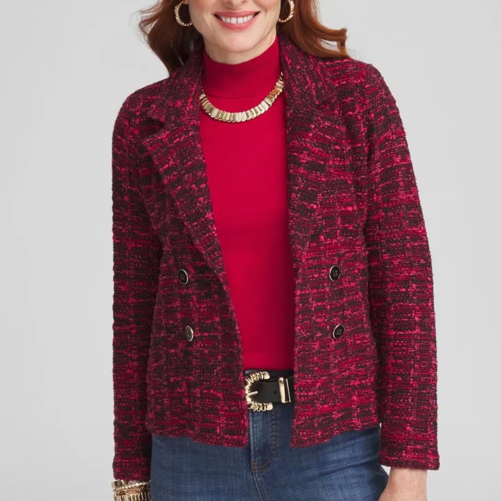 Chico's Tweed Double-Breasted Boxy‎ Sweater Blazer Red Allure XL